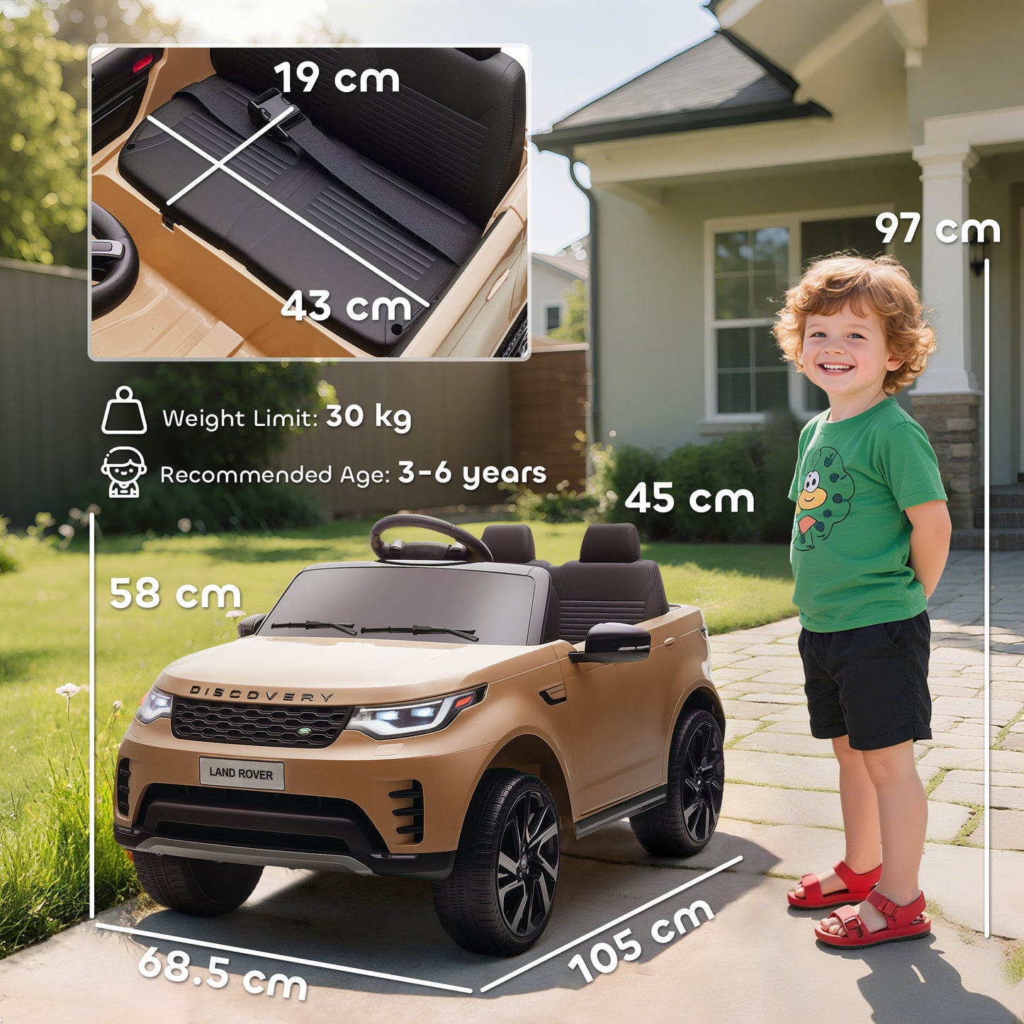 AIYAPLAY Land Rover Discovery Licensed 12V Kids Electric Car with Remote, 4 Wheel Suspension, Slow Start, Lights, Music, Khaki-Electric Riding Vehicles-ChewyGames-ChewyGames