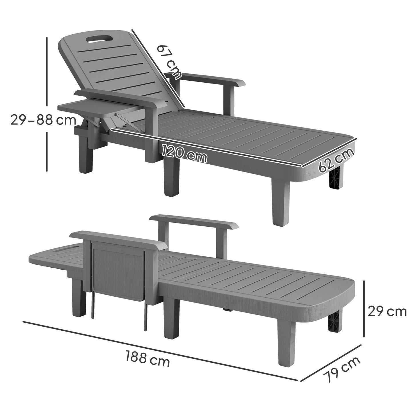 Outsunny Set of 2 Reclining Sun Loungers, 5 Positions Adjustable Outdoor Chaise Lounge Chair with Armrests, Dark Grey