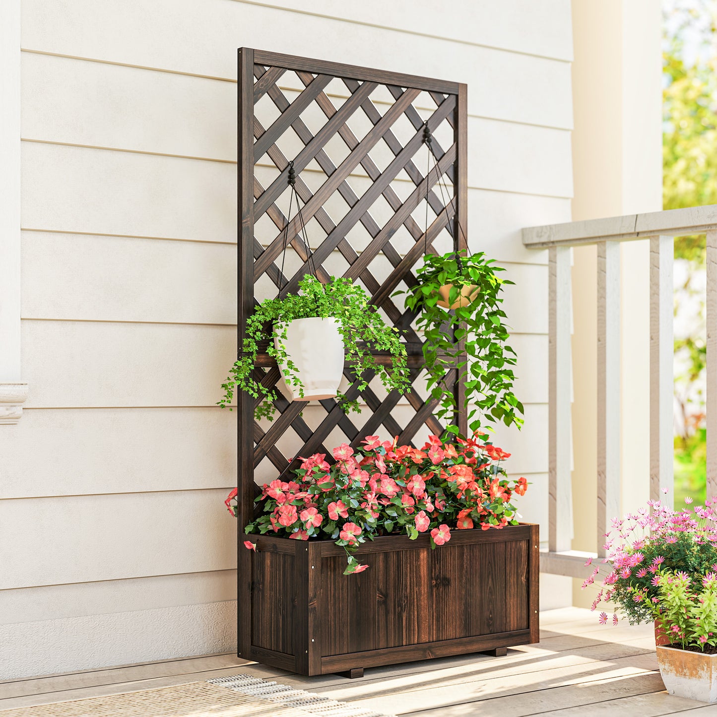 Outsunny Garden Planter with Trellis, 45L Raised Bed for Climbing Plants, Vines, Flowers, Outdoor Planter Box for Patio, 72.5 x 31.5 x 149.5 cm, Carbonised Finish