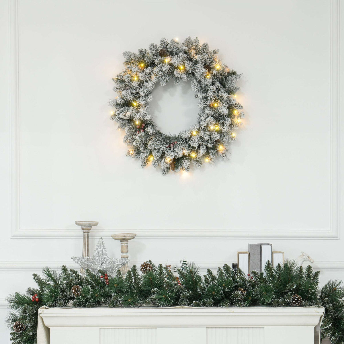 HOMCOM 60" Snowy Pine Cone and Berry Christmas Wreath, with LED Lights