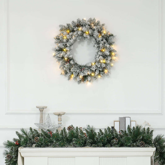 HOMCOM 60" Snowy Pine Cone and Berry Christmas Wreath, with LED Lights