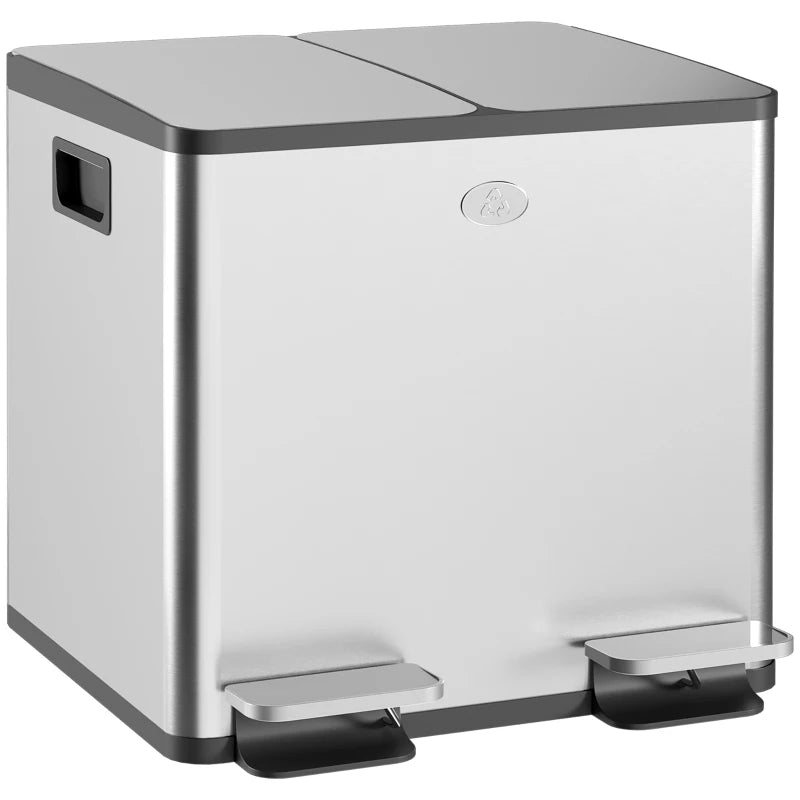 HOMCOM 30L Dual Compartment Stainless Steel Bin, with Deodoriser Holders Silver