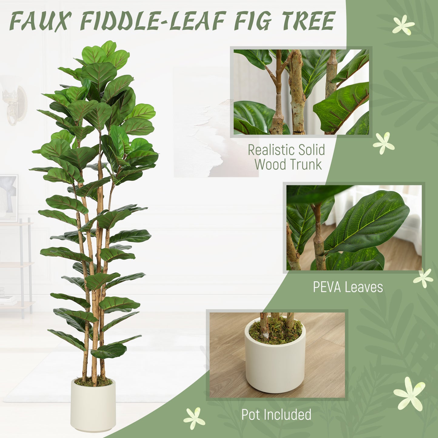 HOMCOM 180cm Artificial Fiddle Leaf Fig Tree - Green