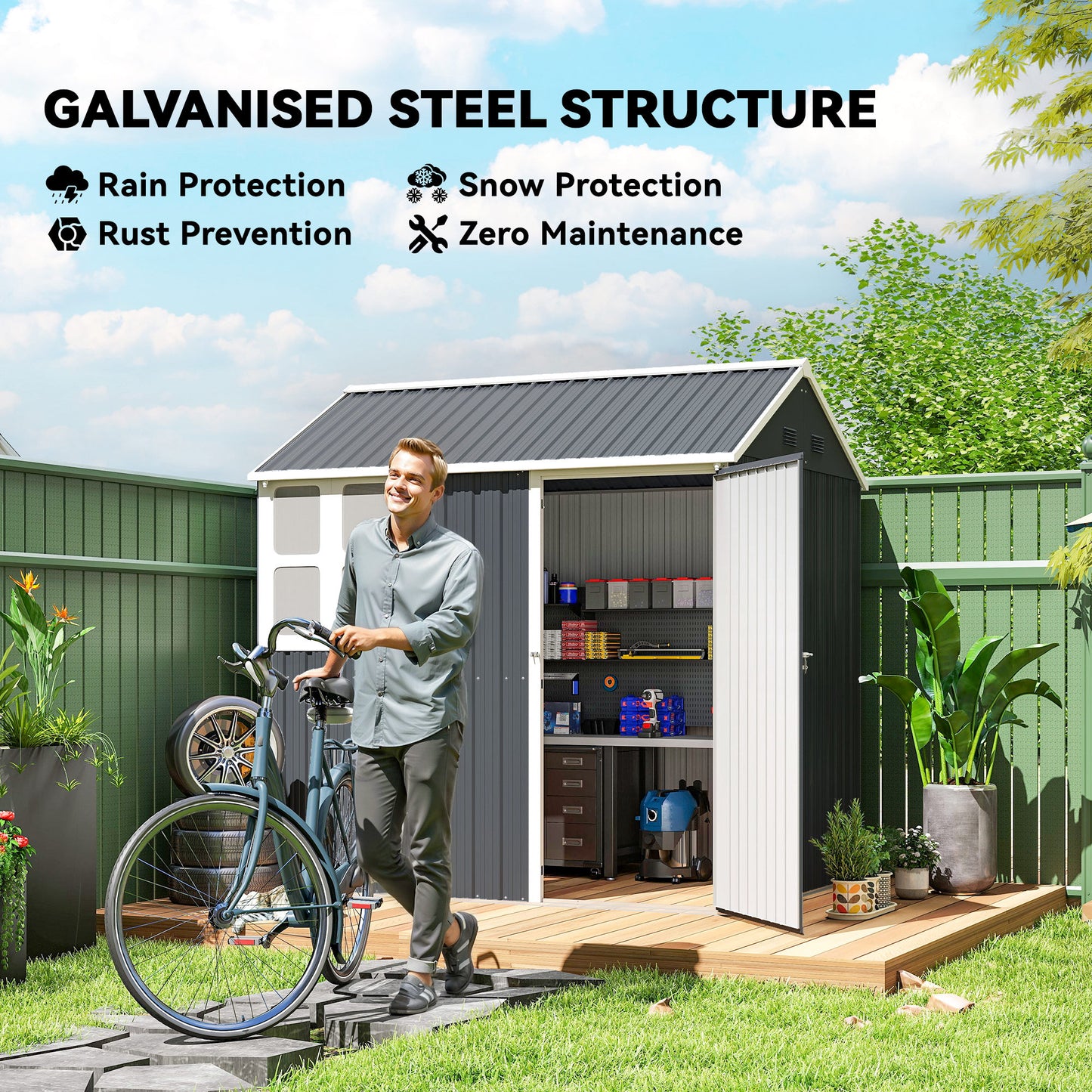 Outsunny 7 x 6ft Galvanised Garden Shed with Latch and Galvanised Steel Frame - Dark Grey