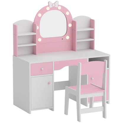 AIYAPLAY Kids Vanity Set, Girls Dressing Table with Stool, 2-Colour Lights Mirror, Cabinet, Drawer and Shelves, Pink
