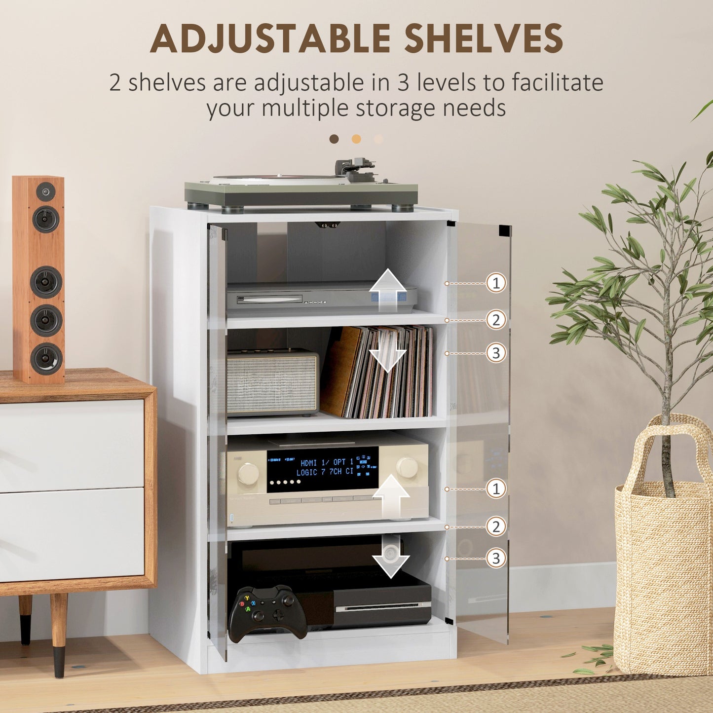 HOMCOM 4-Tier Hi-Fi Stand,  Record Player Stand with Adjustable Shelves and Push-to-Open Glass Doors, White Wood-Effect