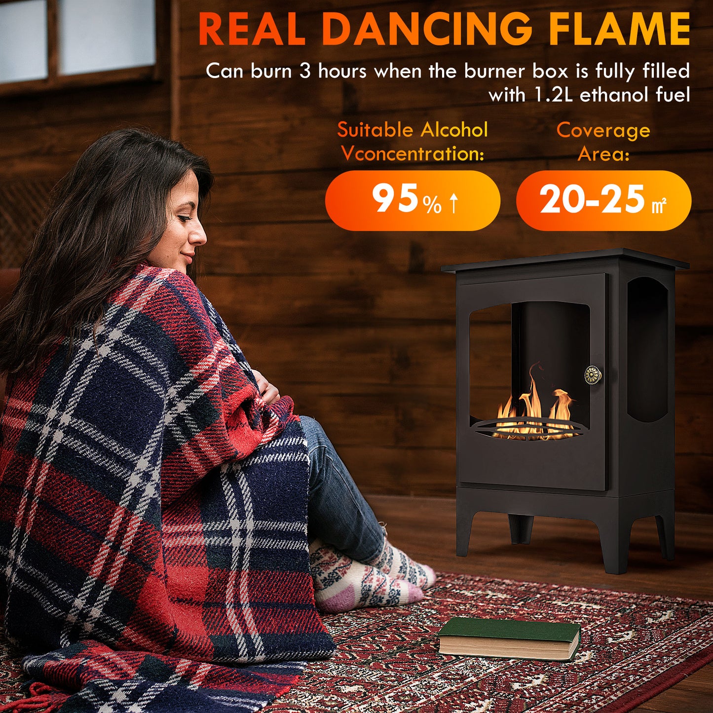 HOMCOM Freestanding Ethanol Fireplace, Steel Bioethanol Fireplace with Stainless Steel Flame Snuffer, 0.9L Tank, 3 Hours Burning Time for Indoor, Black