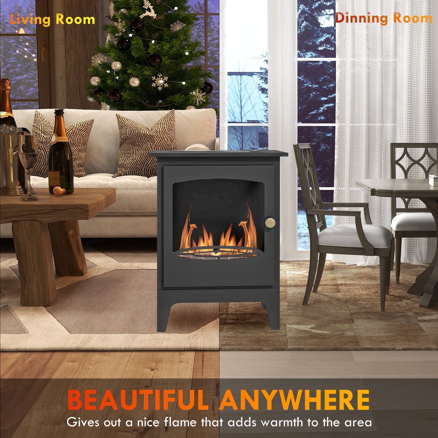 HOMCOM Freestanding Ethanol Fireplace, Steel Bioethanol Fireplace with Stainless Steel Flame Snuffer, 0.9L Tank, 3 Hours Burning Time for Indoor, Black
