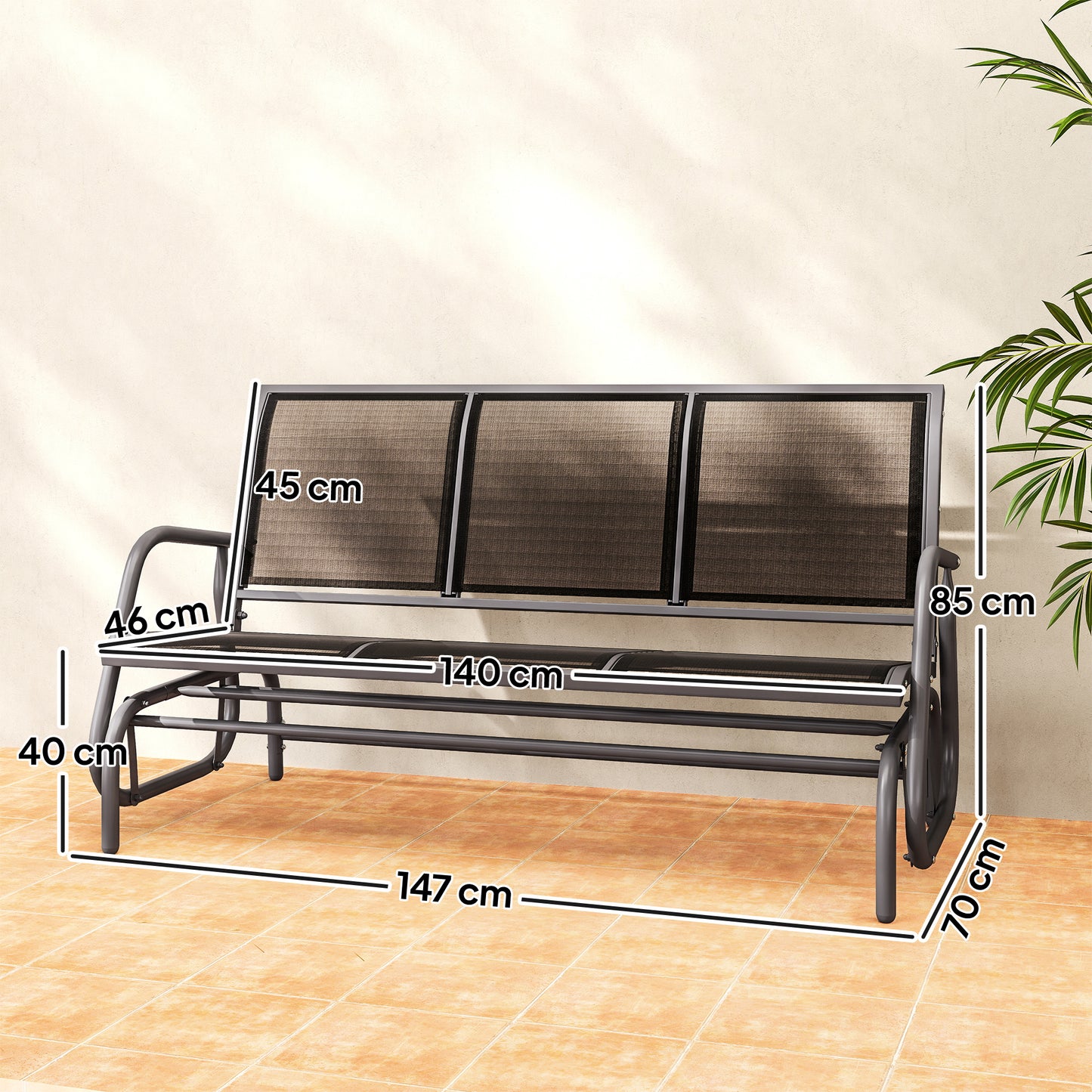 Outsunny 3-Seat Glider Rocking Chair for 3 People Garden Bench Patio Furniture Metal Frame, Black