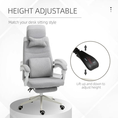 Vinsetto Office Chair, High Back Fabric Work Chair with 160° Reclining Backrest, Retractable Footrest, Neck and Lumbar Pillow, Light Grey