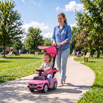 AIYAPLAY 3 in 1 Licensed Benz Ride on Push Car with Handle, Canopy, Guardrails, Horn, Music, Storage for 12-36 Months, Pink