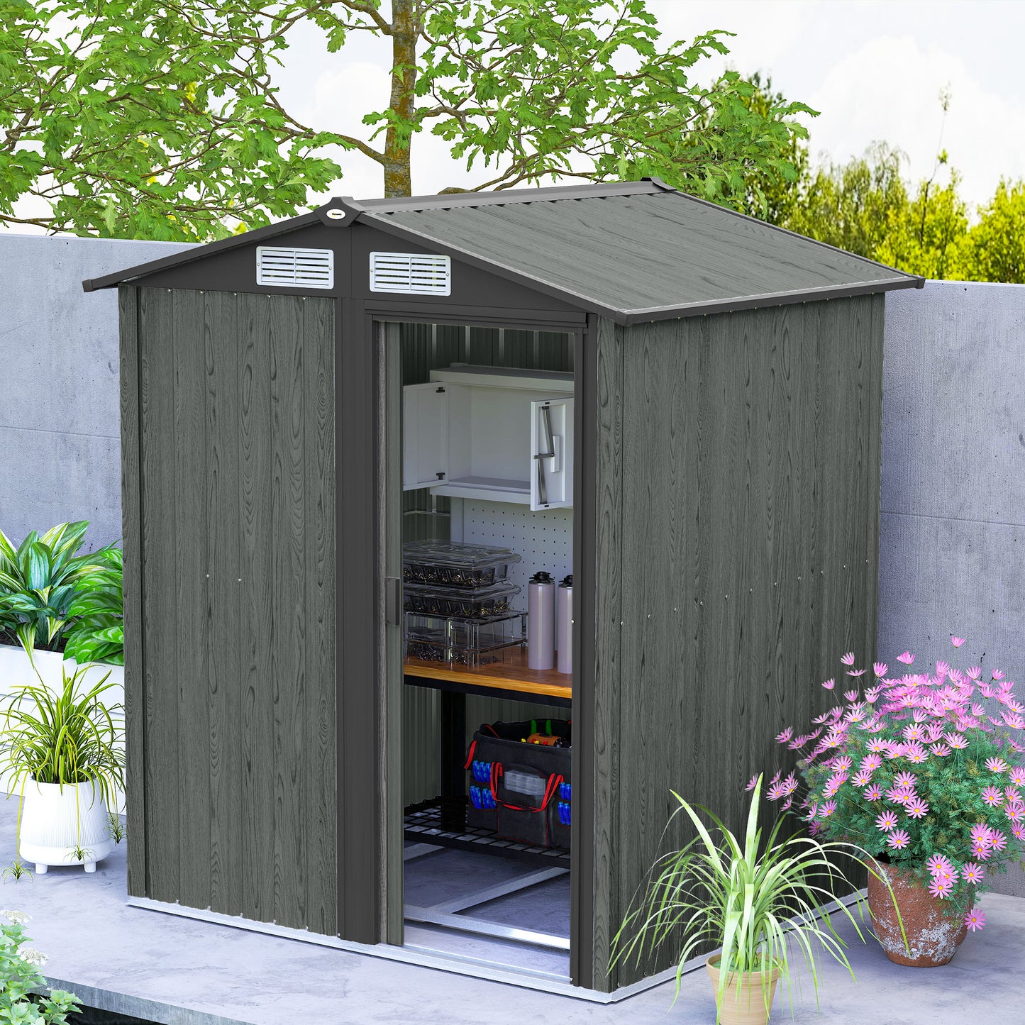 Outsunny 4.3 x 5ft Outdoor Garden Storage Shed - Grey Wood Effect