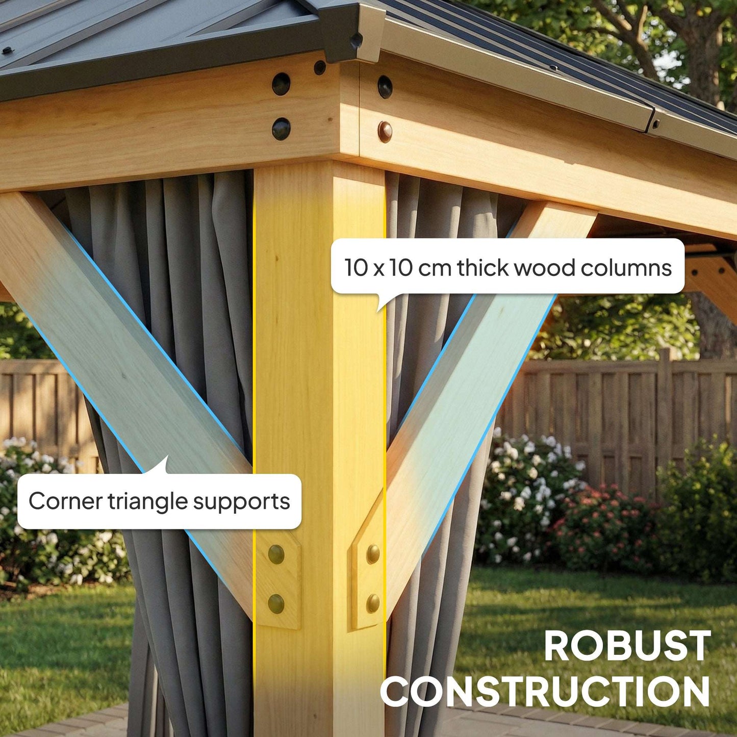 Outsunny 3 x 3 m Outdoor Hardtop Gazebo Canopy with 2-Tier Steel Roof, Wood Garden Gazebo with Curtains, Grey