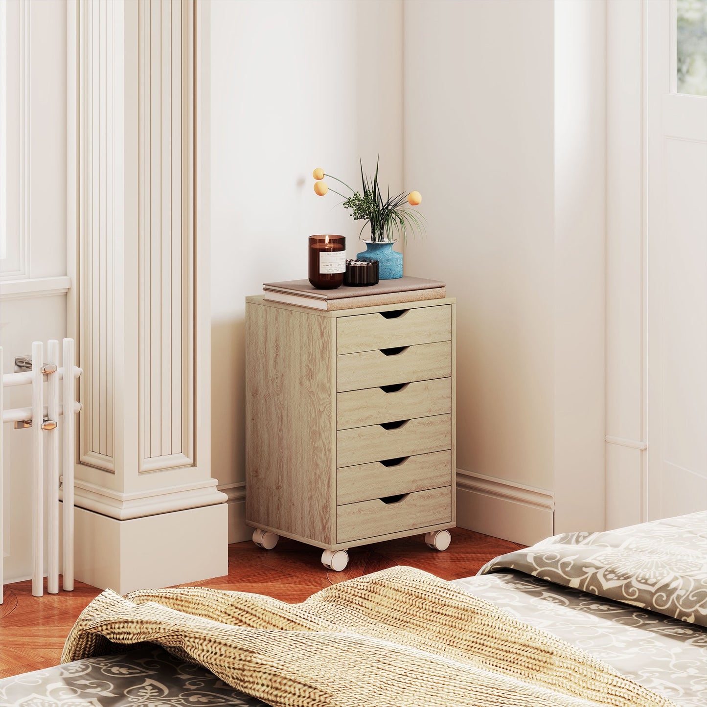 HOMCOM 6 Drawer Vertical File Cabinet, Mobile Filing Cabinet with Quiet Drawers and Wheels with 2 Brakes, Oak Wood Effect