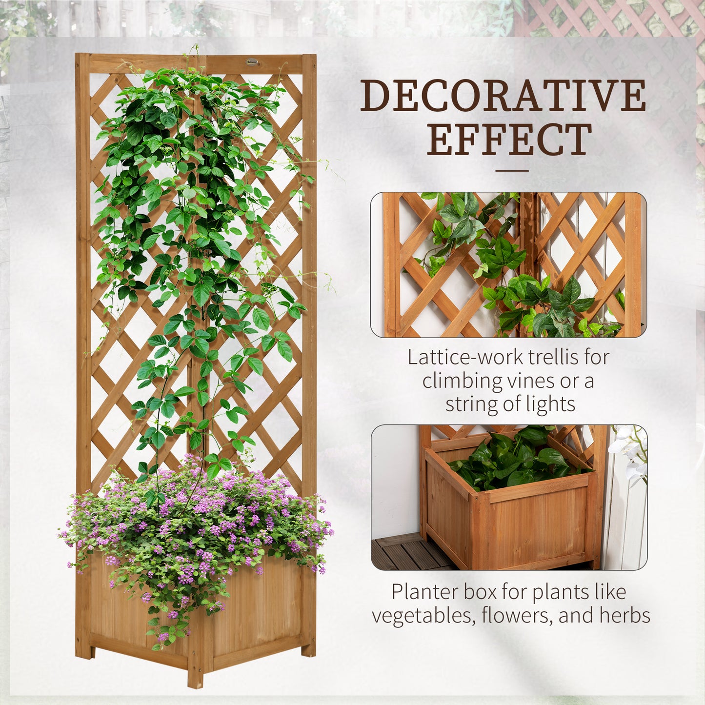 Outsunny Wooden Planter with Corner Trellis, Freestanding Raised Garden Bed with Drainage Bottom, Outdoor Planter Box, Brown