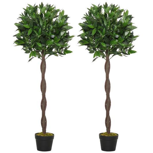 Outsunny Artificial Bay Laurel Topiary Trees with Twisted Trunk, Realistic Lush Topiary Ball Tree with Weighted Pot, 120cm Indoor Greenery Plant for Home Office Garden Decor, Set of 2, Green