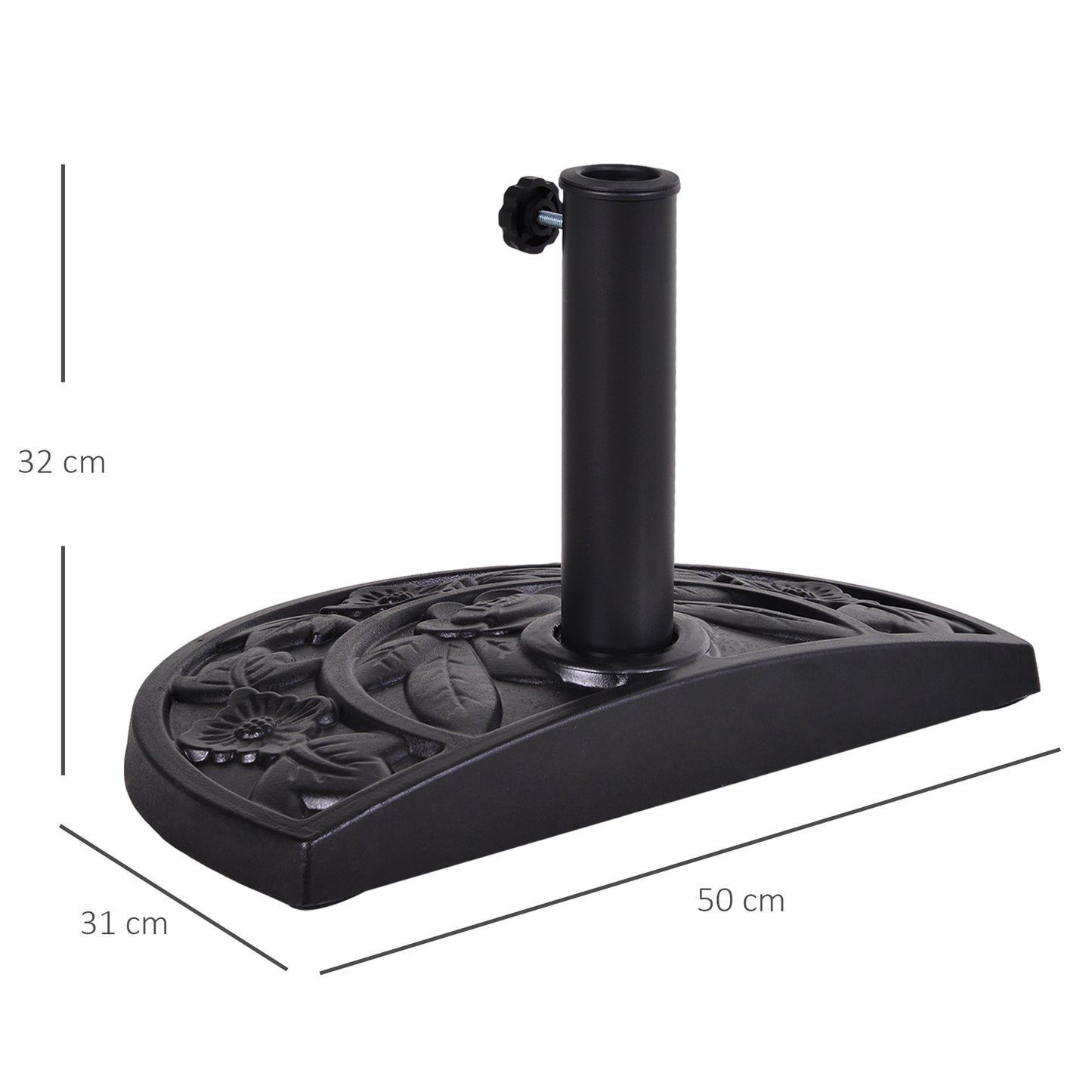 Outsunny 9kg Resin Parasol Base, Half Round Umbrella Stand with Floral Design for Garden, Outdoor, Suitable Umbrella Rod: Φ3.8cm, Φ4.8cm, Black