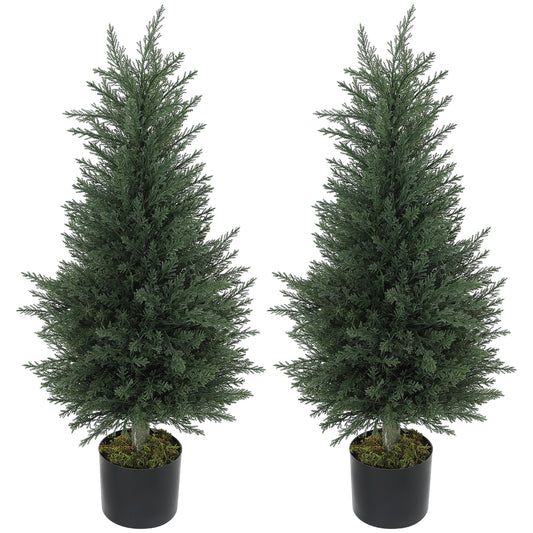HOMCOM Artificial Cypress Tree, 90 cm Fake Cypress Tree with Plastic Pots, UV-Resistant Faux Plants for Garden Front Porch Decoration, 2 Pack
