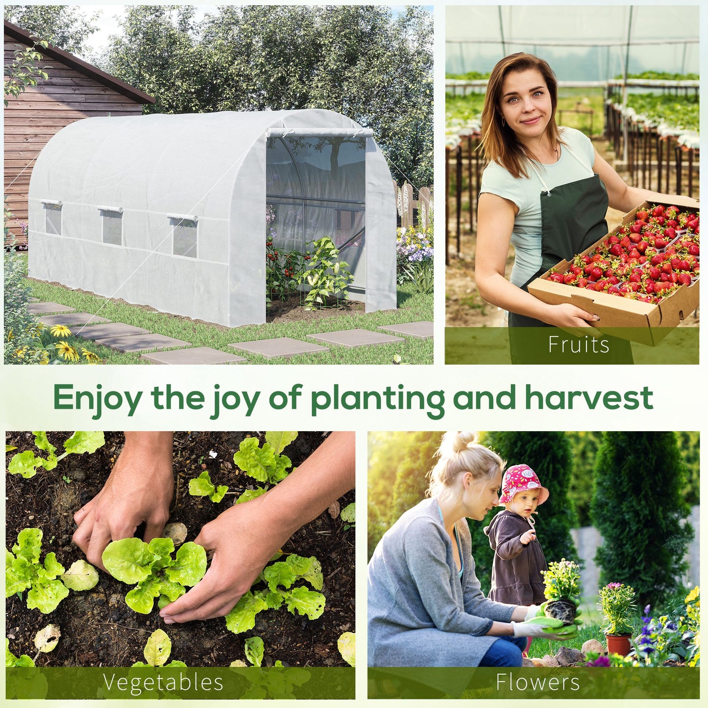 Outsunny 4.5 x 2 x 2 m Polytunnel Greenhouse, Walk-in Green House for Garden with Mesh Windows, Galvanised Steel Frame, White