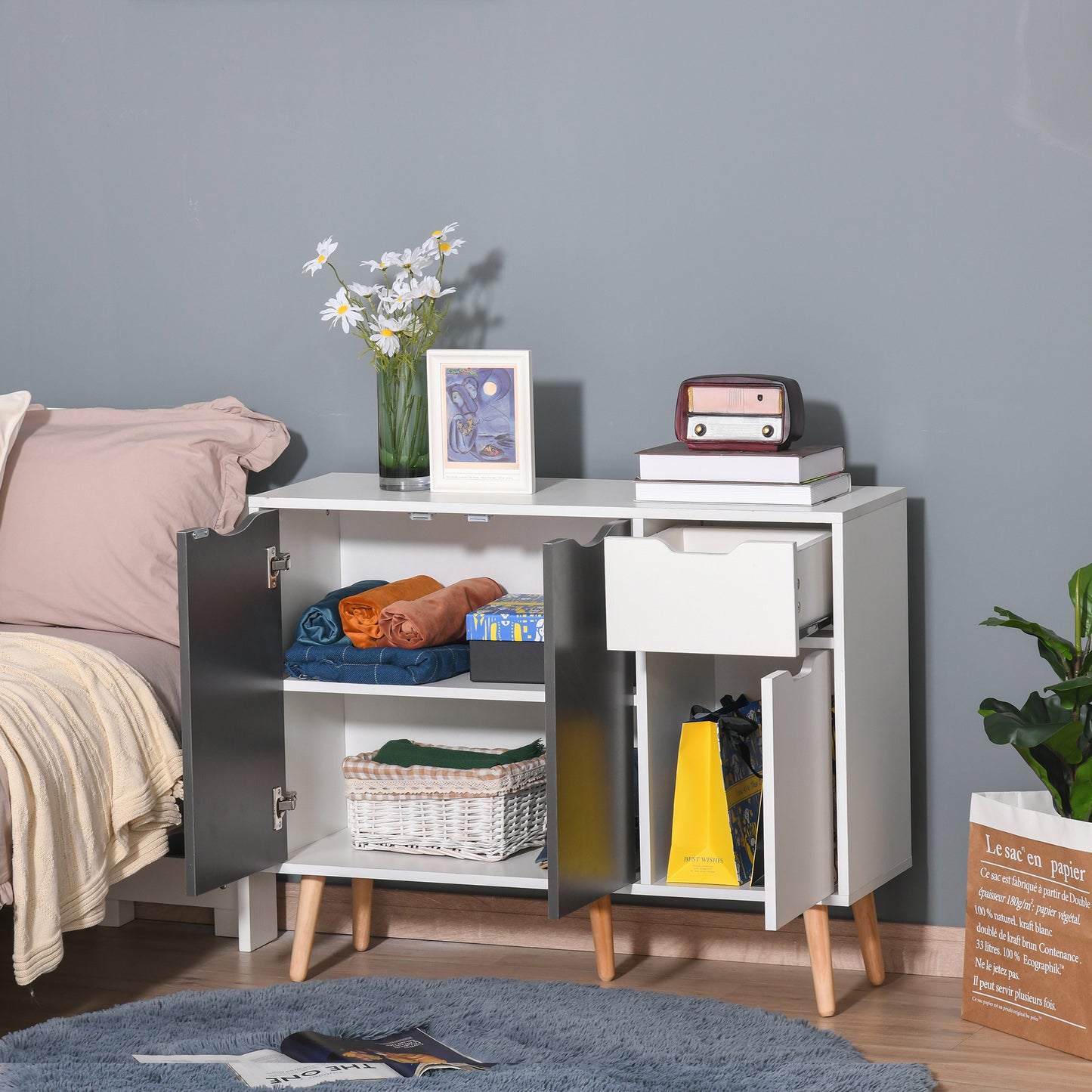 HOMCOM Sideboard Floor Standing Storage Cabinet with Drawer and Solid Wood Legs for Bedroom, Living Room, Home Office, Grey