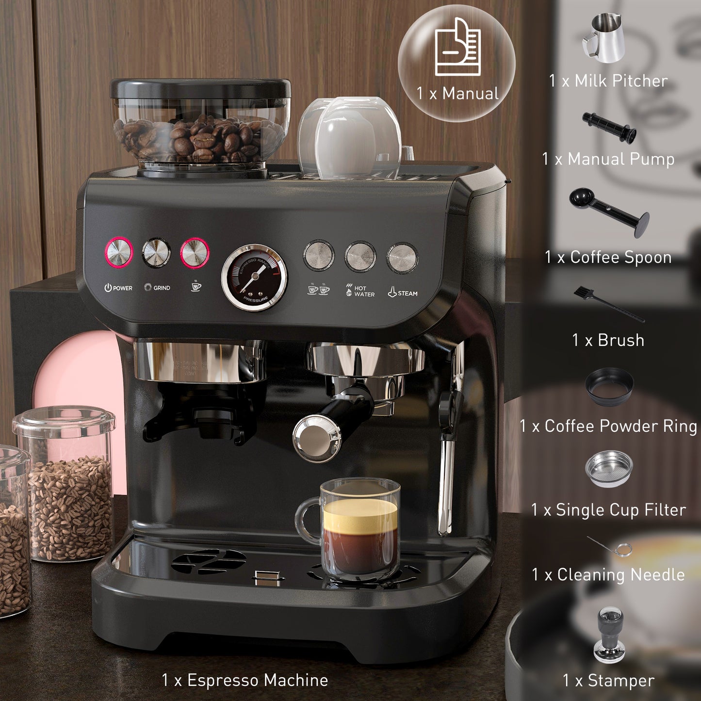 HOMCOM 15 Bar Coffee Machine, with Adjustable Grind, Steamer and Accessories - Black
