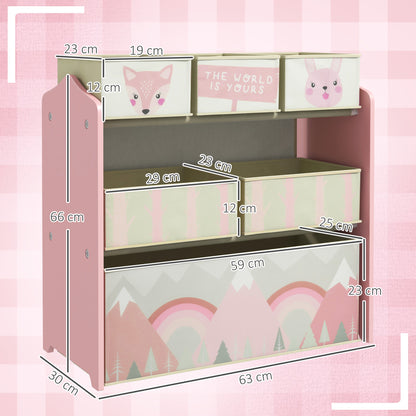 ZONEKIZ Kids Storage Unit, Toy Storage Organiser, with Six Fabric Bins, for Bedrooms, Playrooms, Nurseries - Pink--ChewyGames-ChewyGames