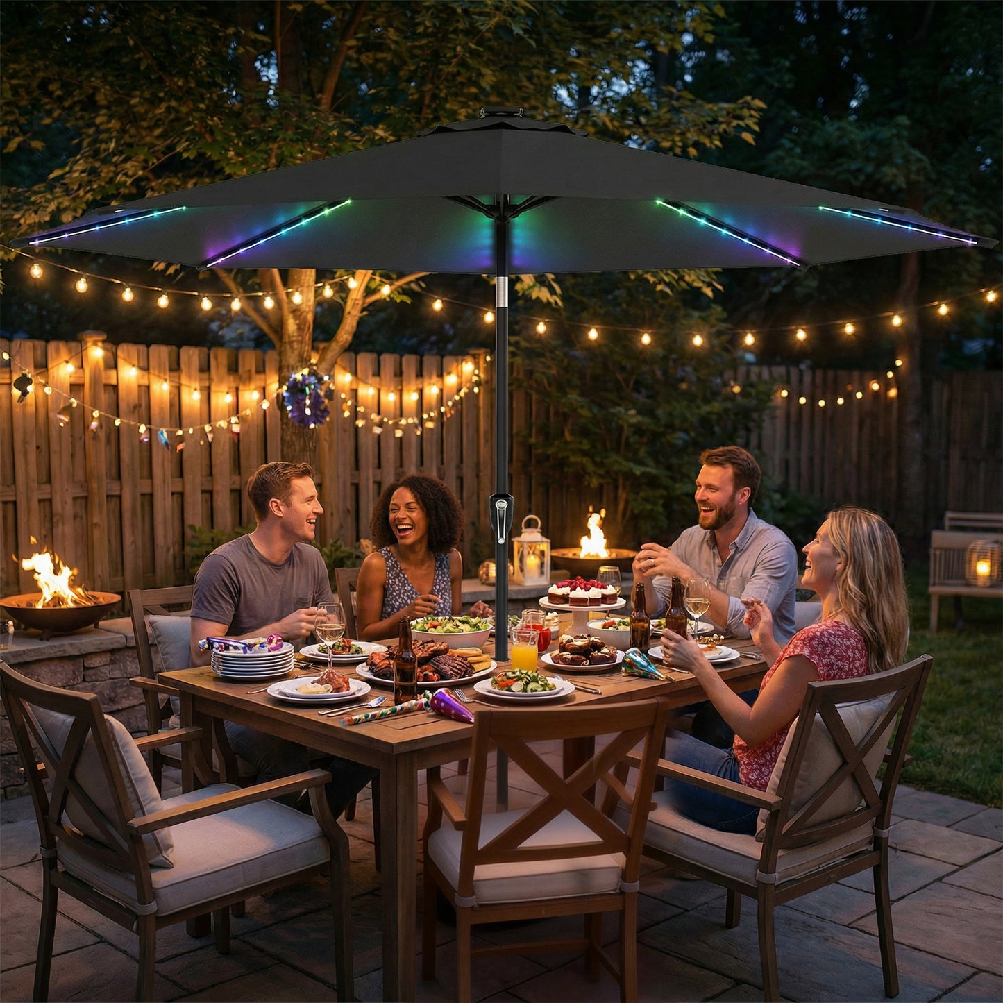 Outsunny 3 m Garden Parasol Umbrella with 112 Solar Powered LED Lights, Patio Umbrella with Crank Handle, Grey--ChewyGames-ChewyGames