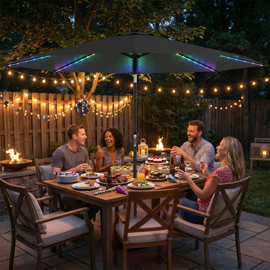 Outsunny 3 m Garden Parasol Umbrella with 112 Solar Powered LED Lights, Patio Umbrella with Crank Handle, Grey--ChewyGames-ChewyGames