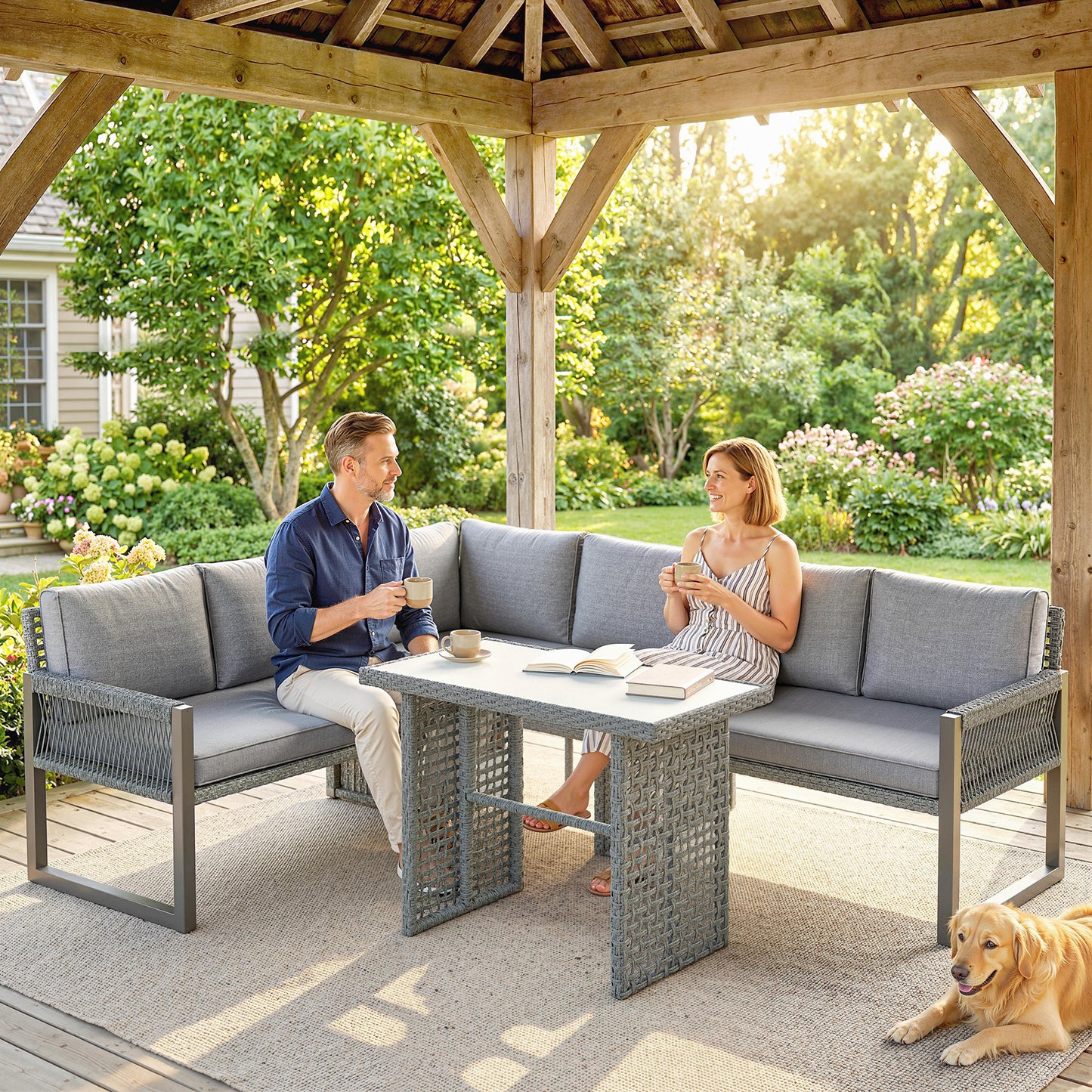 Outsunny 6 Seater Rattan Garden Furniture Set with 3 Loveseats, Table, Patio Rattan Furniture Corner Sofa Set, Grey