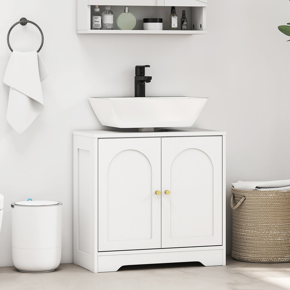 HOMCOM Under Sink Bathroom Cabinet with 2 Arch Doors - White