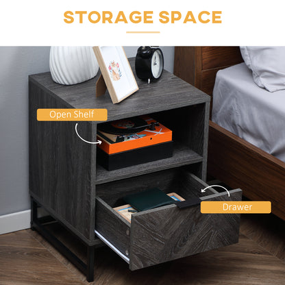 HOMCOM Bedside Table with Drawer and Shelf, Side End Table with Steel Legs for Living Room, Bedroom, Set of 2, Dark Grey