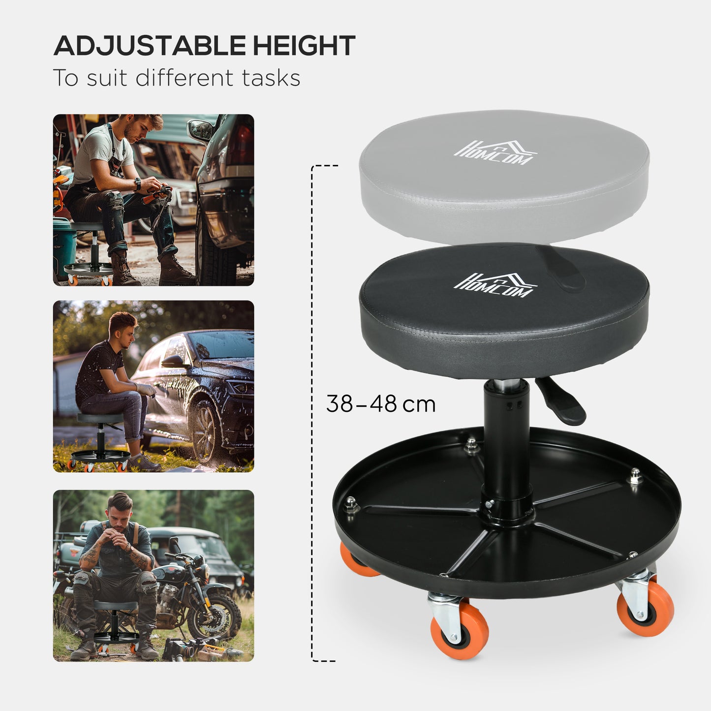 HOMCOM Rolling Mechanical Stool, Pneumatic Adjustable Workshop Stool with Tool Tray, Wheels - Black