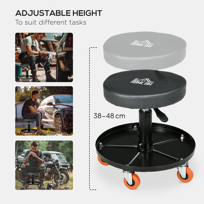 HOMCOM Rolling Mechanical Stool, Pneumatic Adjustable Workshop Stool with Tool Tray, Wheels - Black