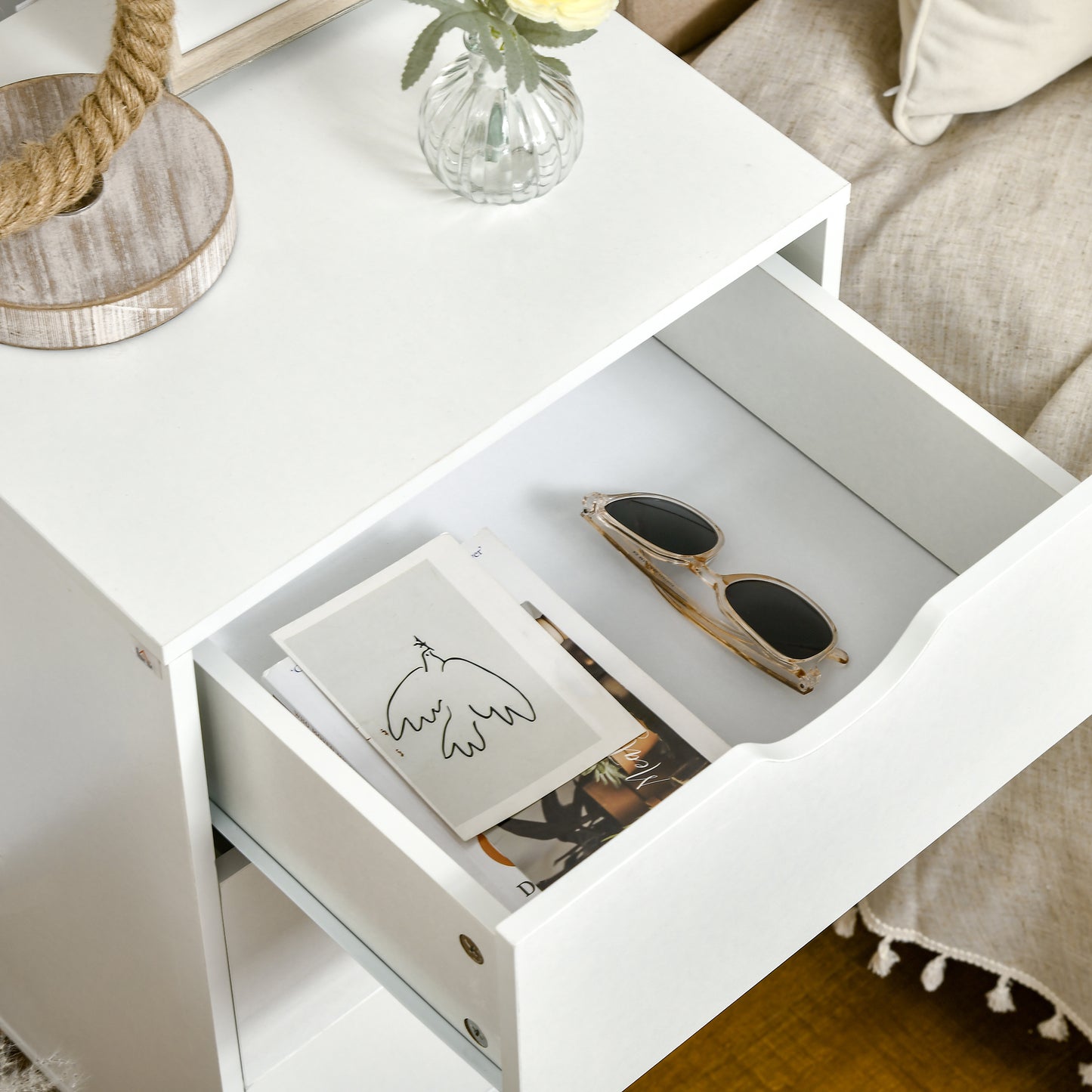 HOMCOM Set of 2 Bedside Tables, Modern Nightstand Side End Table with 3 Storage Drawers and Solid Pine Wood Legs for Bedroom Living Room Entryway, White