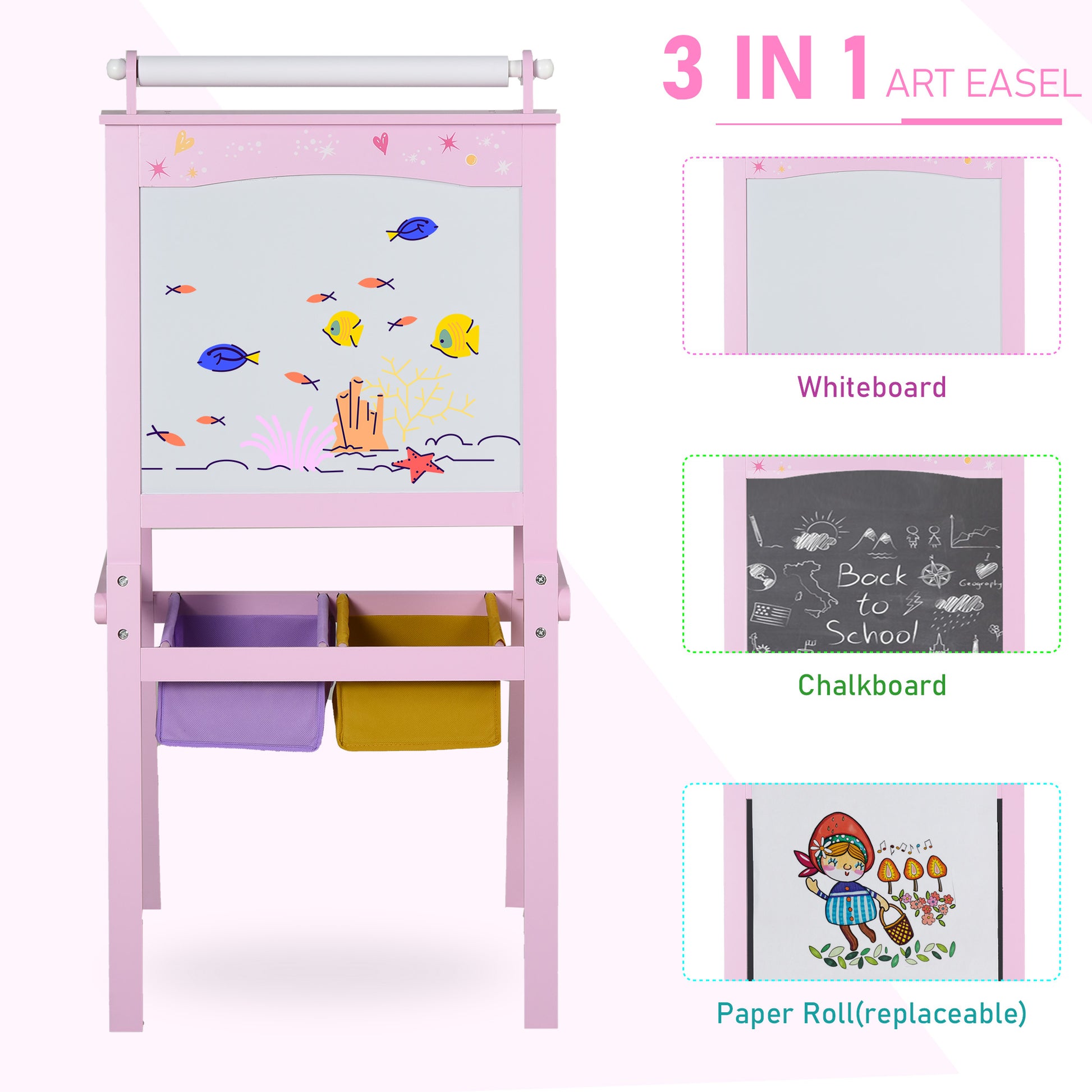 HOMCOM Kids Easel 3 in 1 Wooden Art Easel with Paper Roll Double-Sided Chalkboard & Whiteboard with Storage Baskets for Toddler Girls, Pink--ChewyGames-ChewyGames