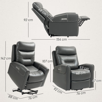 HOMCOM Power Lift Recliner Chair for Elderly, Overstuffed Faux Leather Riser and Reclining Chair with USB A+C Ports, Recliner Armchair for Living Room, Charcoal Grey