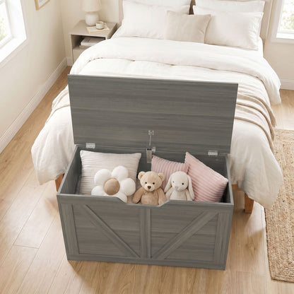 HOMCOM 100L Home Storage Box, with Safety Hinge - Dark Grey Wood-Effect