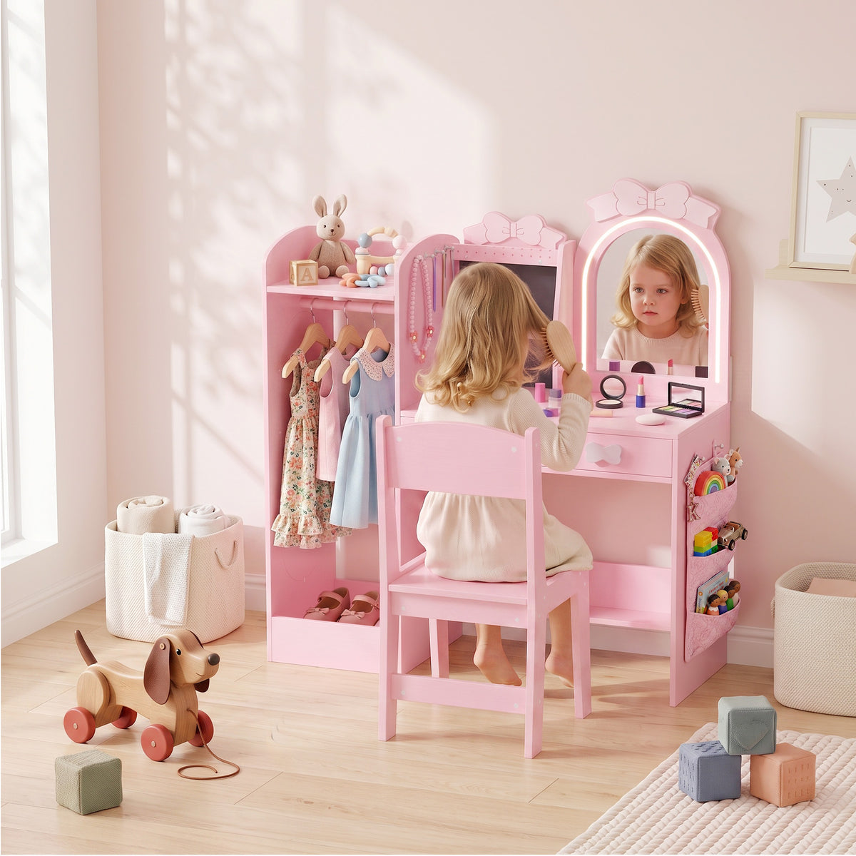 AIYAPLAY Kids Dressing Table, 3-in-1 Girls Vanity Set with Stool, 2-Colour Lights Mirror, Clothes Rack for Ages 3-8, Pink