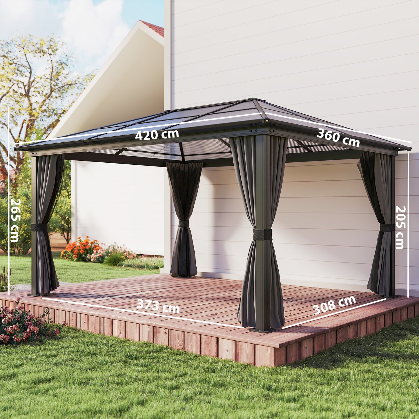 Outsunny 3.6 x 4m Hardtop Gazebo Canopy with Polycarbonate Roof, Aluminium Frame, Permanent Pavilion Garden Gazebo with Netting and Curtains for Patio, Deck, Dark Grey