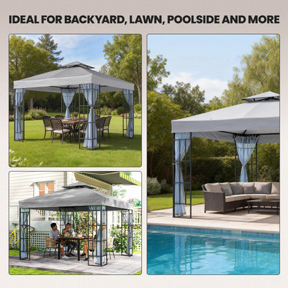 Outsunny 3 x 3(m) Patio Gazebo Canopy Garden Pavilion Tent Shelter with 2 Tier Roof and Mosquito Netting, Light Grey--ChewyGames-ChewyGames