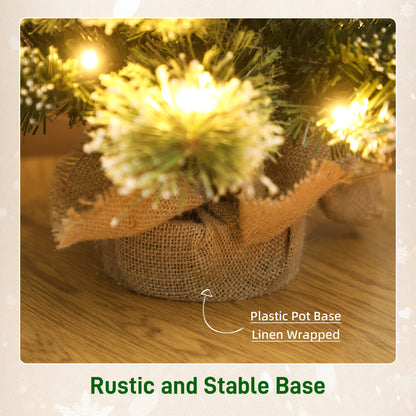 HOMCOM 60 cm Prelit Small Christmas Tree, Snow Flocked Tabletop Mini Xmas Tree with 35 LED Lights, Pine Cones and Linen Cover Base, Battery Operated, Green