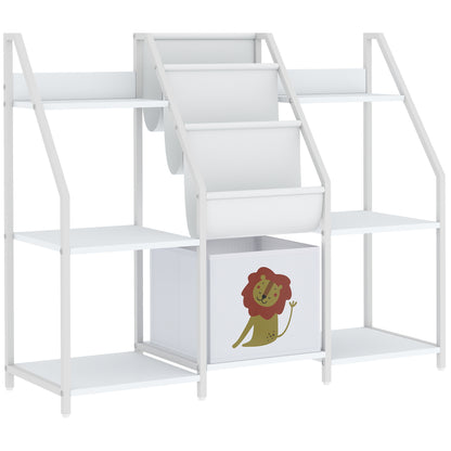 AIYAPLAY Kids Bookshelf and Toy Storage with 3-Tier Sling Book Rack and Fabric Drawer for Nursery, Bedroom, Playroom, White