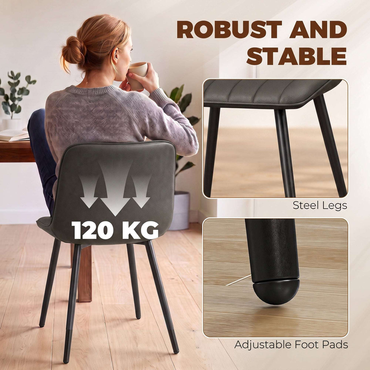 HOMCOM Faux Leather Upholstered Kitchen Chairs, Modern Dining Chairs Set of 2 with Metal Legs for Dining Room, Grey