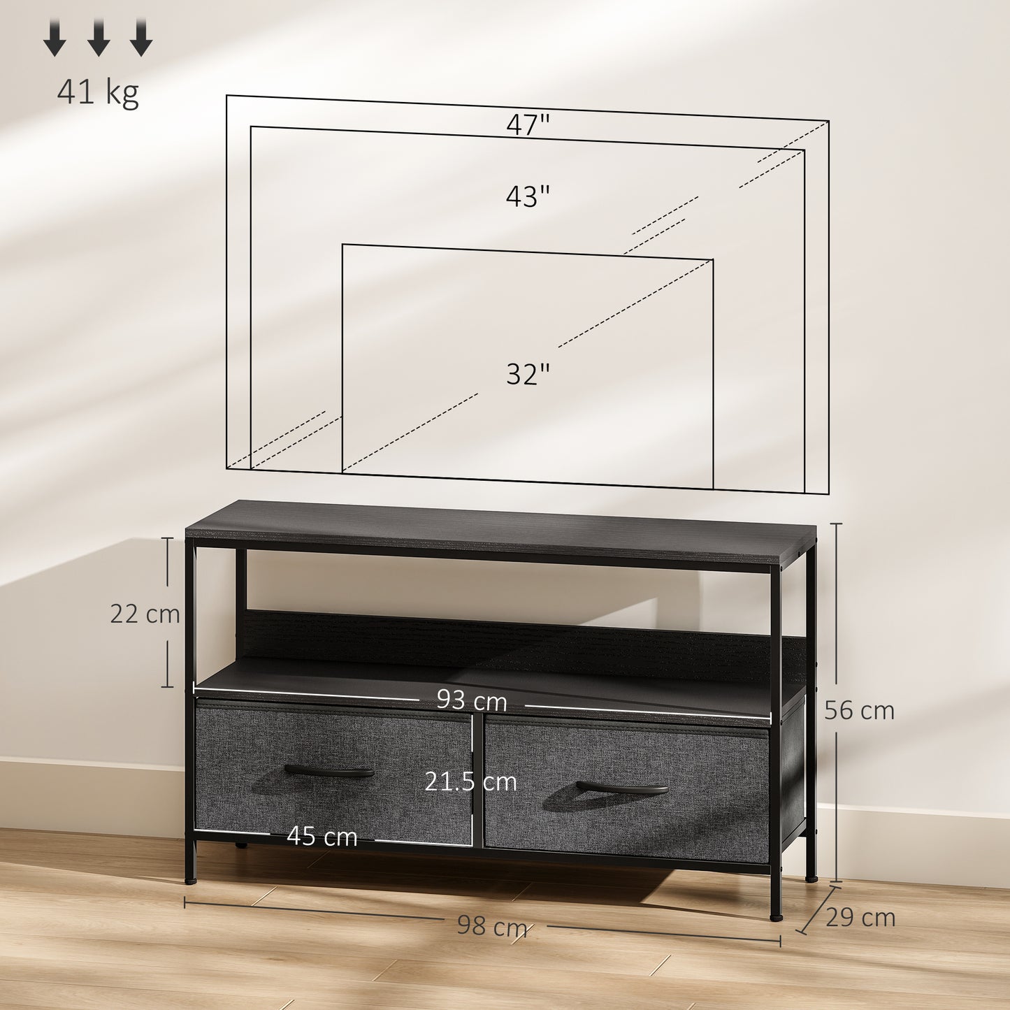 HOMCOM TV Stand Cabinet with 2 Foldable Drawers - Black