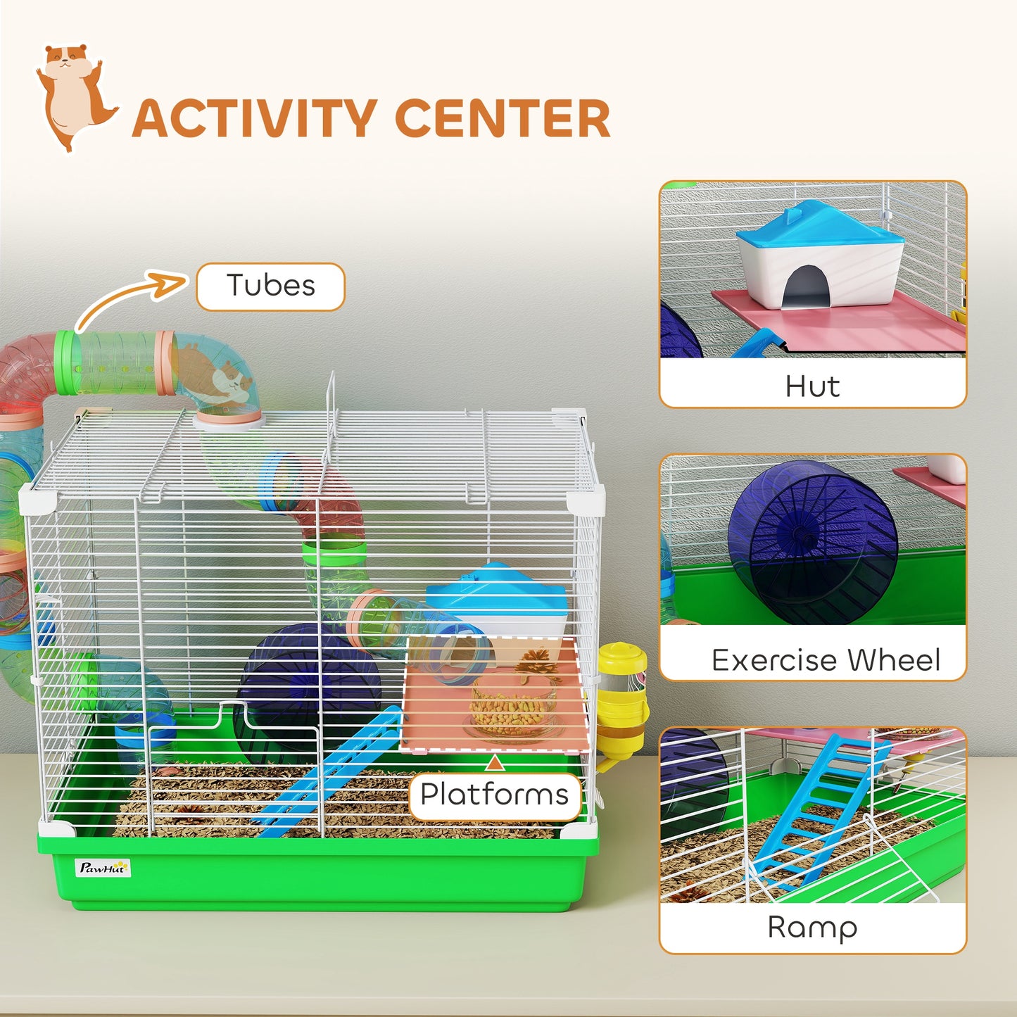 PawHut 2 Tier Hamster Cage, Gerbil Cage with Handle, Exercise Wheels, Tunnel, Water Bottle, Dishes, Ladder, for Dwarf