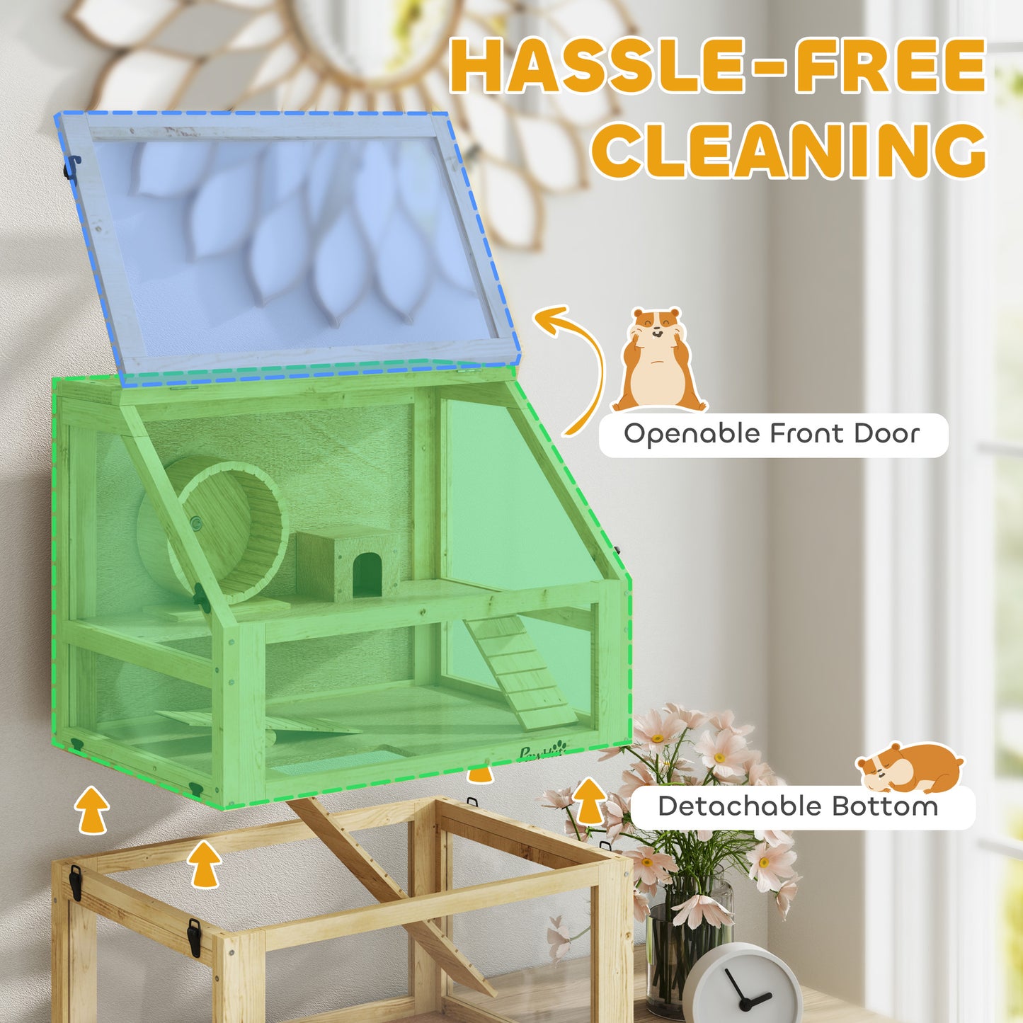 PawHut Wooden Hamster Cage with Detachable 32cm Deep Bottom, Hut, Seesaw, Exercise Wheel, Ramp, 60 x 40 x 75cm, Natural--ChewyGames-ChewyGames