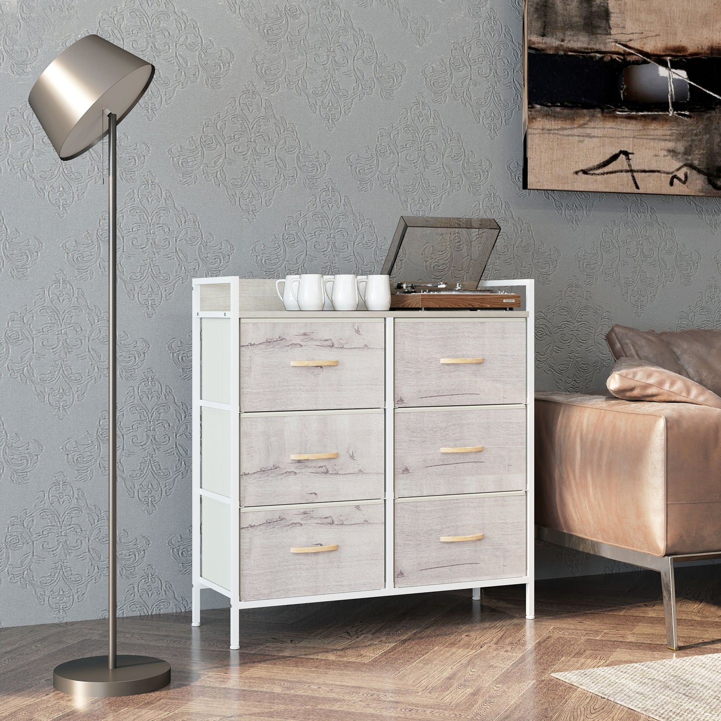 HOMCOM Rustic Chest of Six Fabric Drawers - Natural
