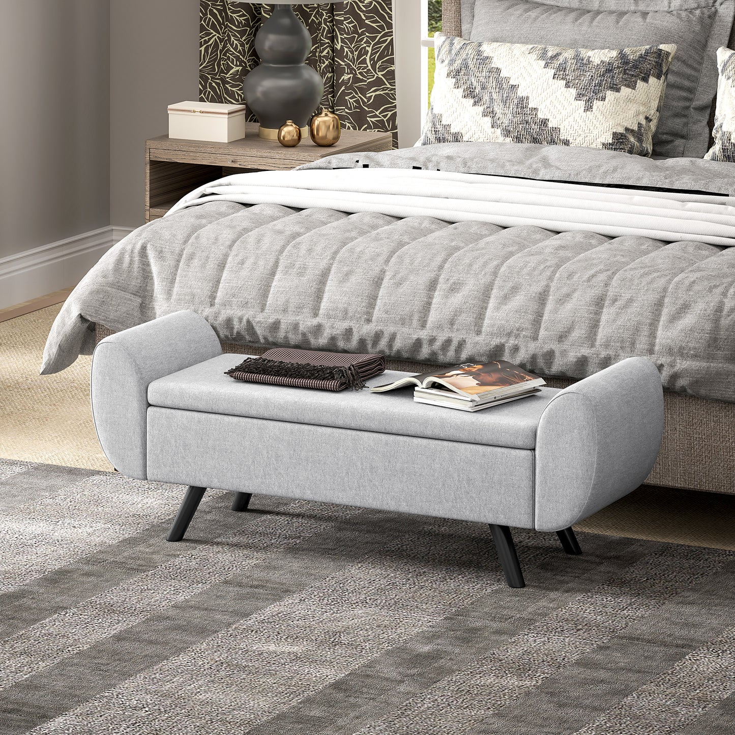 HOMCOM Storage Ottoman with Armrest, Upholstered Linen Storage Bench, Window Seat with Rubberwood Legs, Footstool for Bedroom Living Room, Hallway, Light Grey