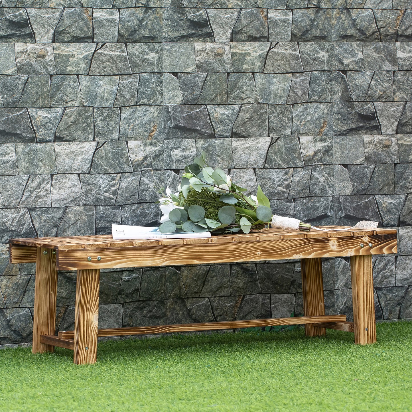 Outsunny Wooden Garden Benches, 2 Seater Outdoor Benches, Fir Wood Backless Patio Loveseat with Slatted Seat for Park, 110 x 38 x 35 cm, 5 Pieces, Carbonised