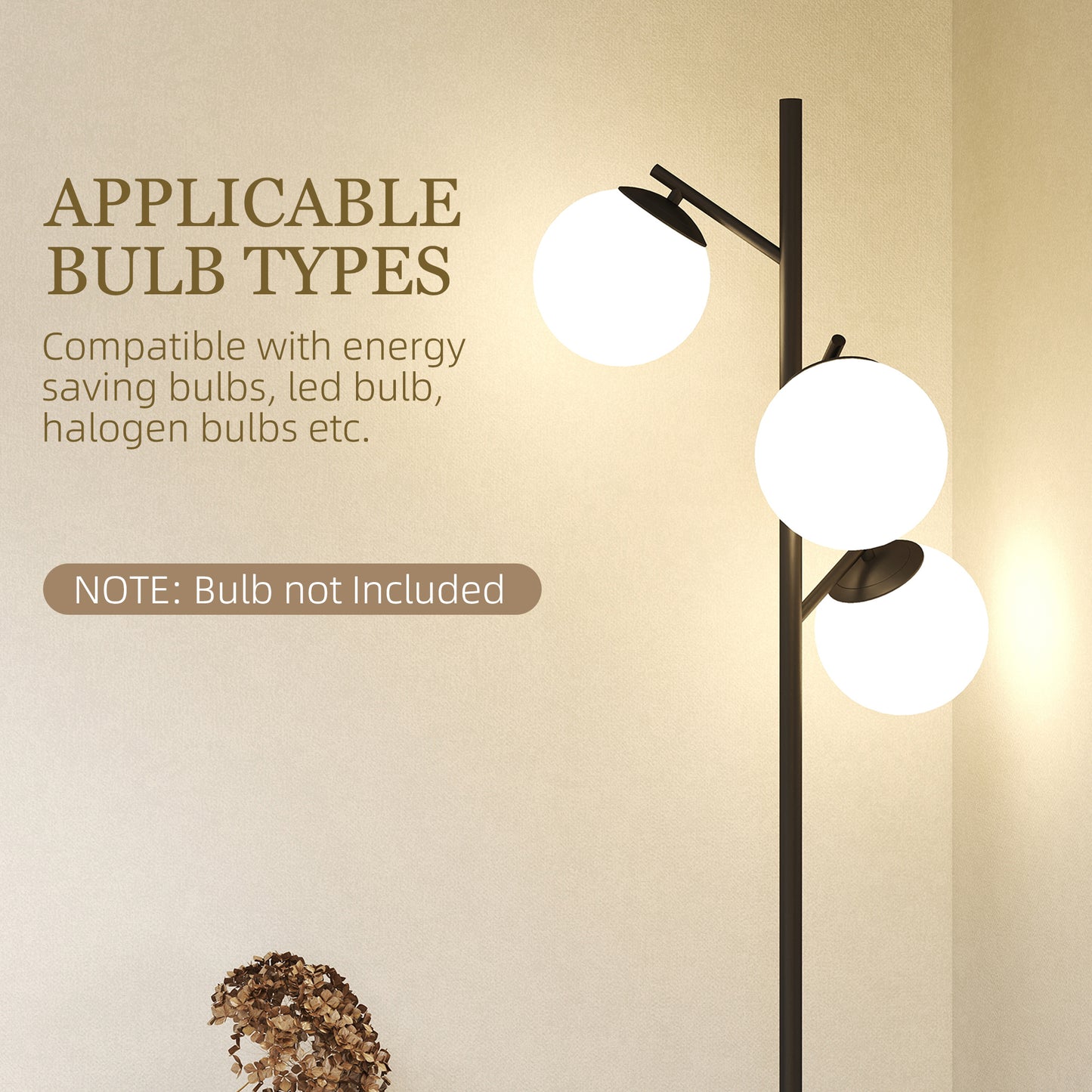 HOMCOM 3-Light Tree Floor Lamps for Living Room, Modern Standing Lamp for Bedroom with Globe Lampshade, Steel Base, Bulb not Included, Black